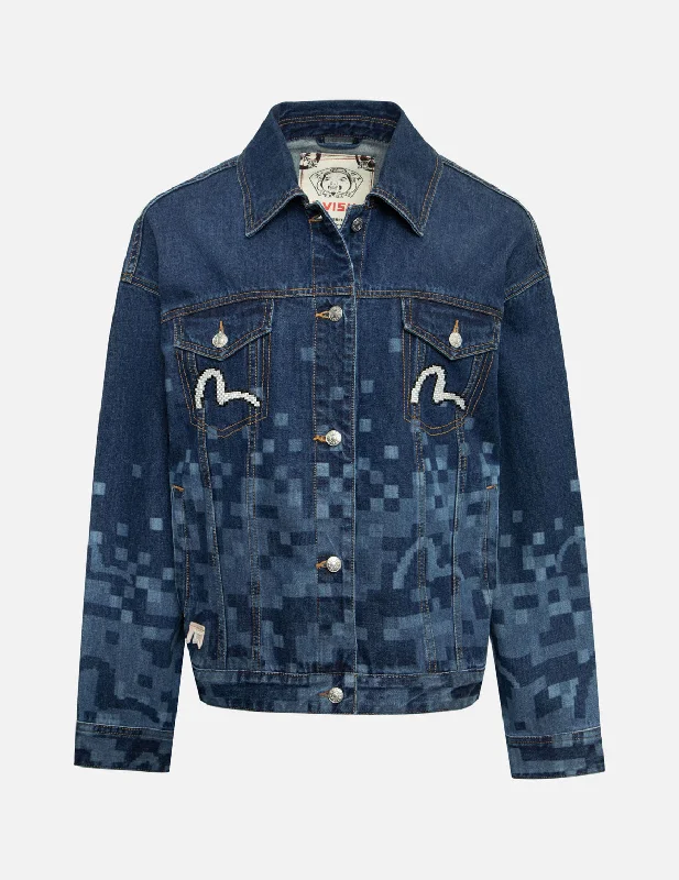 Pixel Seagull Embroidery and Print Oversized Denim Jacket Faux Fur Jacket Real Fur Jacket Shearling Jacket