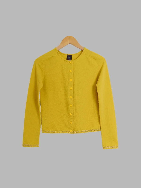 Jean Paul Gaultier mustard snap button cardigan with embroidered hem - size 40 Satin Blend Silk Blend Wool Blend