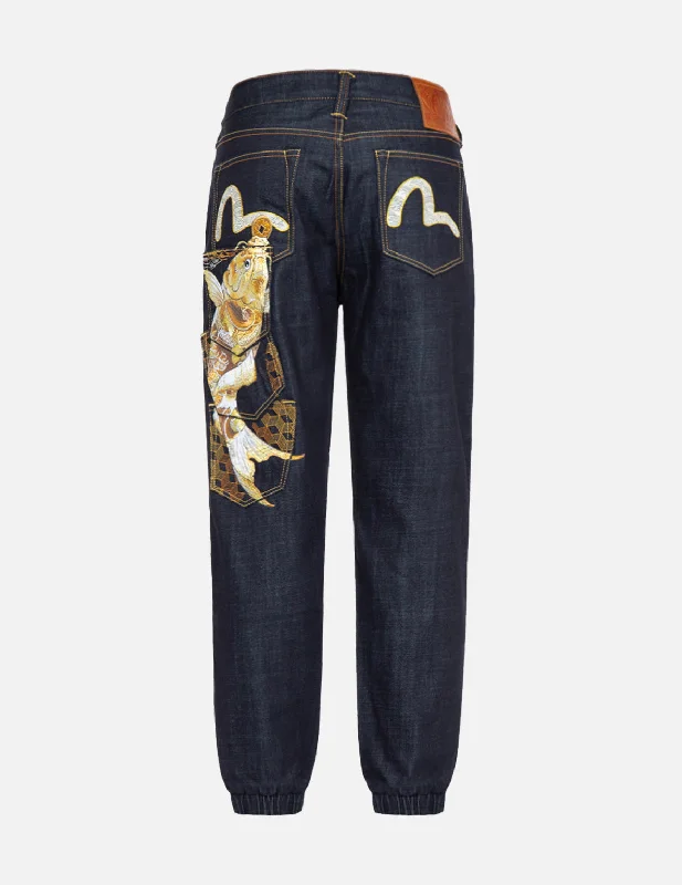 Tattoo Koi Embroidery Multi-Pocket Jogger Pants Comfortable Denim Leggings