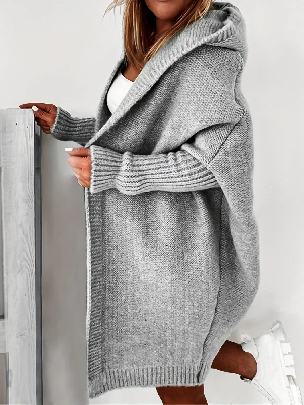 Autumn Knit Hooded Cardigan Solid Print Embellished
