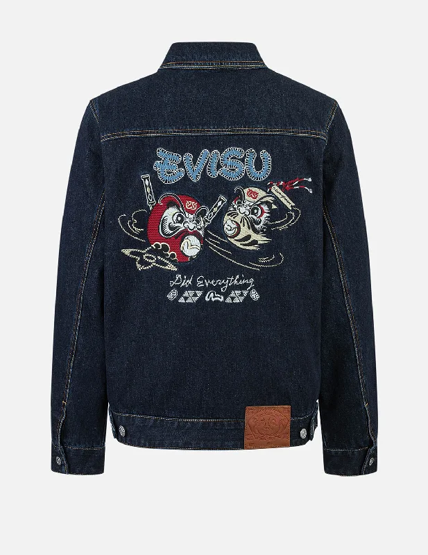 Ninja Daruma Embroidery Regular Fit Padded Denim Jacket Front Pockets Side Pockets Patch Pockets