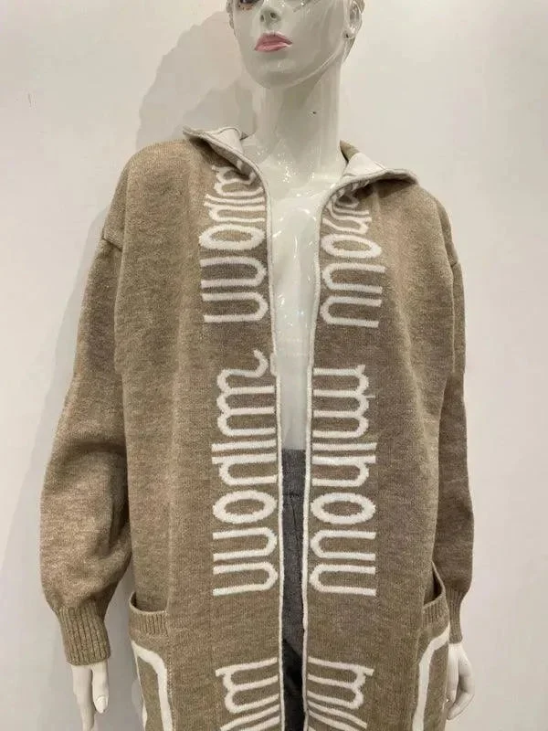 Long Hooded Letter Print Women Cardigan Hooded Caped Shawl Collar