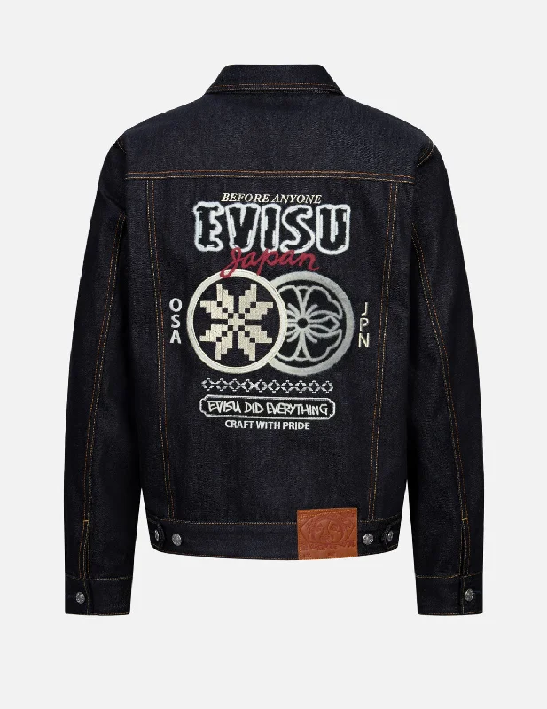 Double Kamon Embroidery Regular Fit  Denim Jacket Notch Collar Jacket Peter Pan Collar Jacket Cowl Neck Jacket
