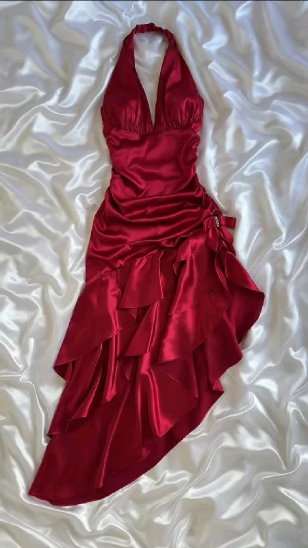 Vintage Wine Red Halter Satin Long Evening Party Dress Birthday Outfits, DP4389 Tunics Lace romantic