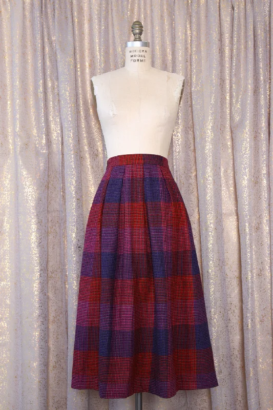 Pleated Plum Check Midi Skirt L ribbed skirt waist