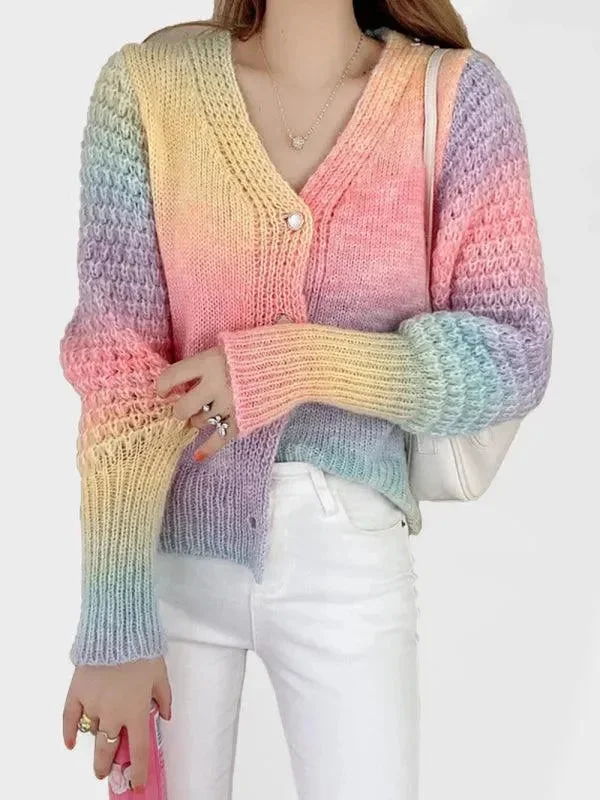 Rainbow Gradient  Women Cardigan Sweater Satin Blend Silk Blend Wool Blend
