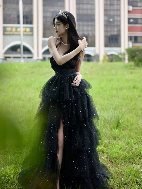 Glitter Black Tulle Layered Long Prom Dress Slit Fairy Ball Gown Party Dress cc1512 Tunics Denim casual