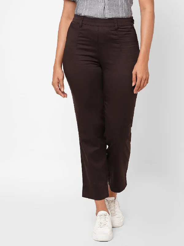 Women's Brown Cotton Lycra Regular Fit Pant Stretch Fit Pants