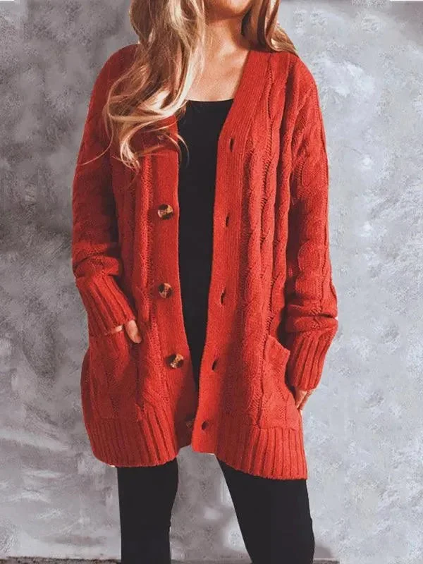 Twist Pocket Long Women Cardigan Sweater Boat Neck Shawl Collar Notched Collar