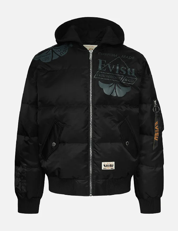 Logo and Kamon Print Loose Fit Bomber Down Jacket Front Pockets Side Pockets Patch Pockets