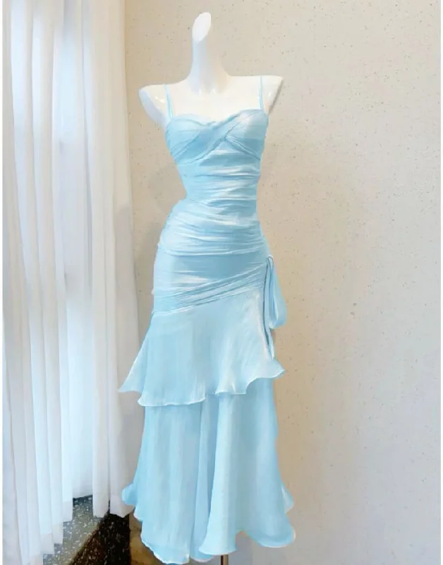 Light Blue Spaghetti Straps Sheath Chiffon Long Party Dress Birthday Dress, DP4643 Tunics Luxurious premium