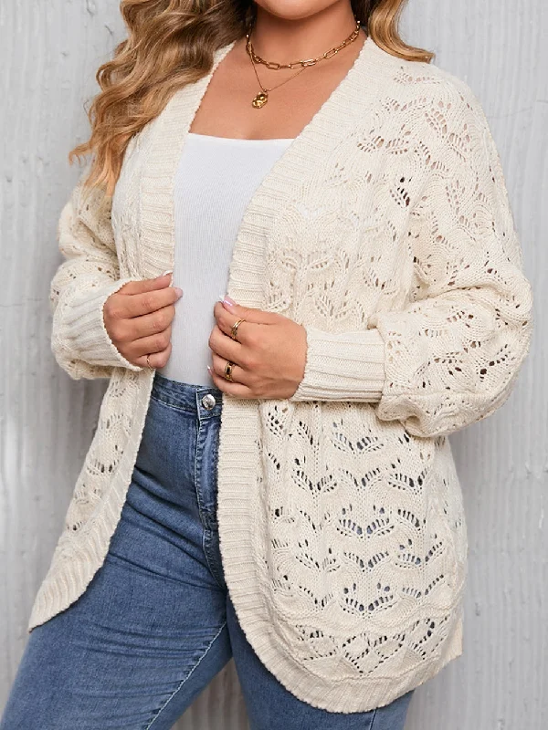 Beige Plus Size Textured Knit Open Ribbed Trim Cardigan Front Pockets Side Pockets Patch Pockets Beige Plus Size Textured Knit Open Ribbed Trim Cardigan Front Pockets Side Pockets Patch Pockets
