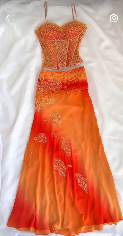 Orange 2 Pieces Straps Lace Chiffon Chic Long Party Dress, DP4084 Tunics Floral girly