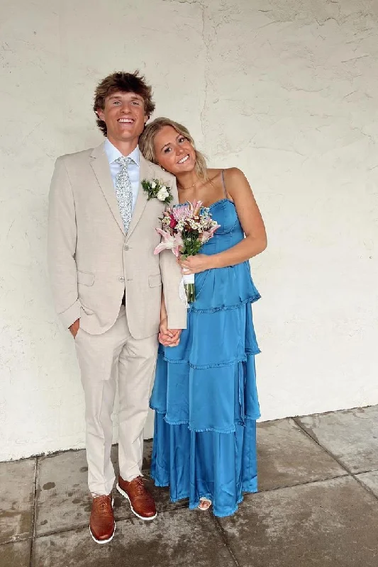 Blue Spaghetti Straps A-Line Tiered Long Prom Dress Party Dress, DP4054 Tunics Formal black